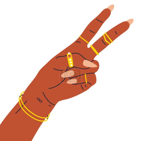 Ilustración de Mano femenina de dibujos animados. Mujer mano con gesto de paz, diseño de uñas y joyas de oro, manicura salón cuidado de uñas rutina plana vector ilustración - Imagen libre de derechos