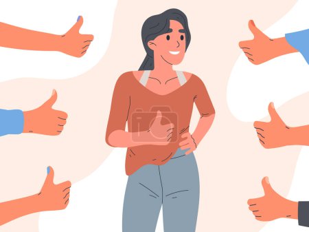 Illustration for Positive approval. Female person surrounded thumbs up, public positive respect opinion and acceptance flat vector illustration isolated on white background - Royalty Free Image