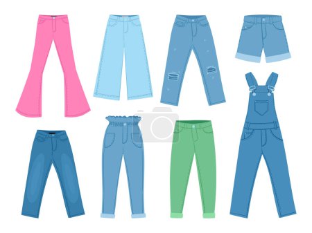 Ilustración de Cartoon jeans pants. Denim clothes, casual overall, pants, shorts, denim fabric garments flat vector illustration collection - Imagen libre de derechos