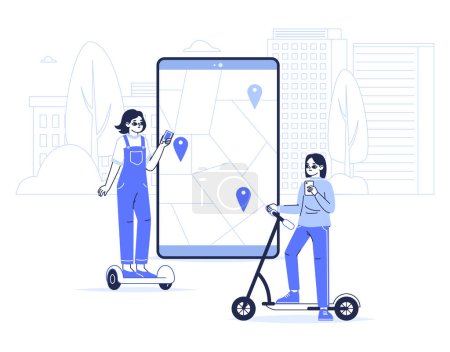 Ilustración de Eco transport sharing app concept. City transport rental service, women riding rental gyroscooter and electric kick scooter flat linear vector illustration - Imagen libre de derechos