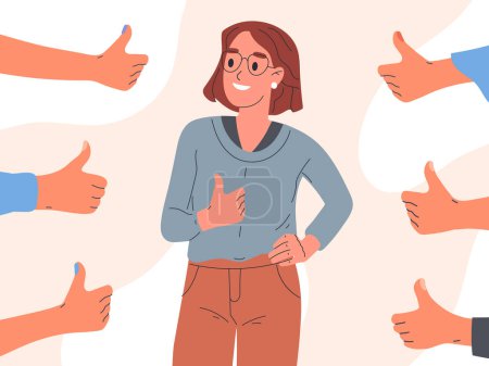 Illustration for Female person surrounded thumbs up. Social positive approval, public positive acceptance and respect opinion flat vector illustration - Royalty Free Image