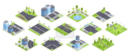 Illustration for Isometric urban city set. City park environment, street roads, road signs and trees 3d vector illustration set - Royalty Free Image