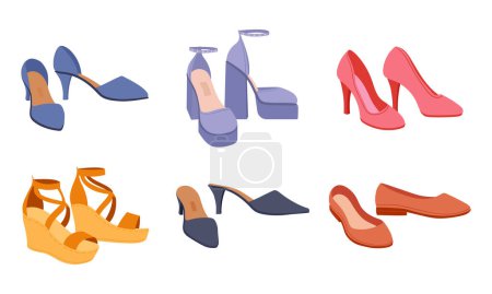 Téléchargez les illustrations : Chaussures d'été pour femmes. Dessin animé chaussures modernes, talons, chaussures de plate-forme et appartements. Chaussures de mode plat vecteur illustration ensemble - en licence libre de droit