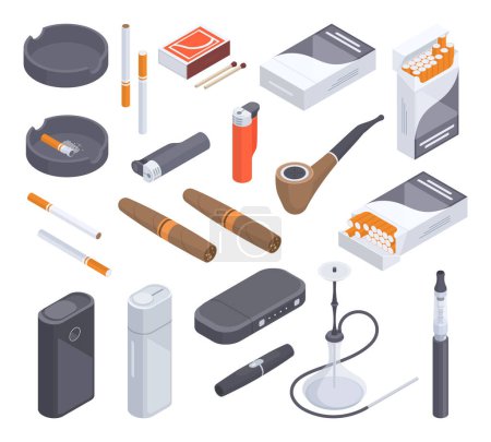Ilustración de Isometric smoke nicotine elements. Tobacco cigarettes, pipe, vape, e-cigarettes, matches box and lighter 3D vector illustration collection. Smoking accessories - Imagen libre de derechos