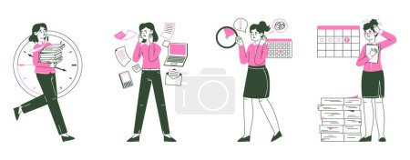 Ilustración de Business women in stress. Stressed office characters, work deadline and tasks overload, tired female workers flat vector illustration set - Imagen libre de derechos