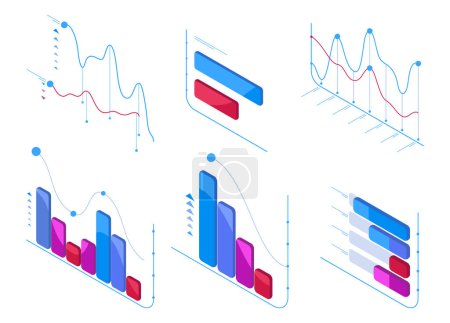 Illustration for Isometric data analysis charts. Statistic diagram, 3d futuristic chart elements, infographic symbols illustration set - Royalty Free Image