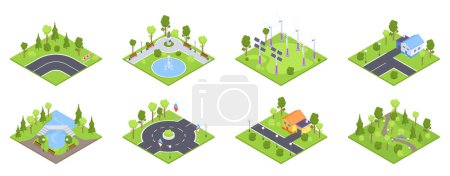 Illustration for Isometric city environment elements. Urban city park, office buildings, park gardening, street roads and road signs 3d vector illustration set - Royalty Free Image