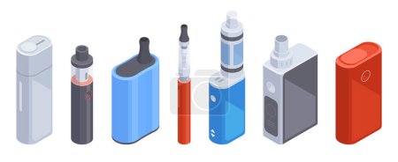 Illustration for Isometric e-cigarette and vape pen. Digital electronic cigarette, vape smoke accessories 3d vector illustration set. Vape pan and box collection - Royalty Free Image