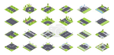 Illustration for Isometric urban road elements. Street roads, crossroads with traffic lights, city signs and street gardening 3d vector illustration set - Royalty Free Image