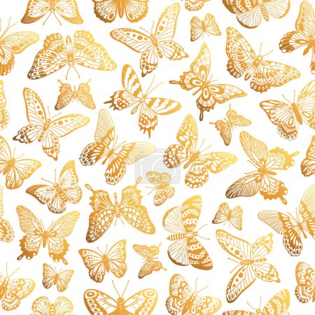 Téléchargez les illustrations : Golden butterflies seamless pattern. Gorgeous butterfly decoration, flying exotic insects flat vector background illustration - en licence libre de droit