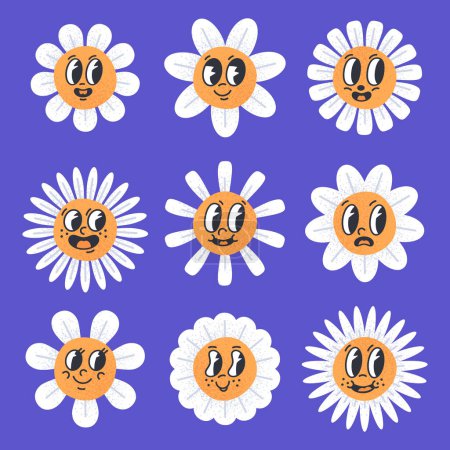 Téléchargez les illustrations : Cartoon chamomile flowers. Retro comic book daisy emojis with eyes and mouths. Blooming daisy flowers with funny faces flat vector illustration set - en licence libre de droit