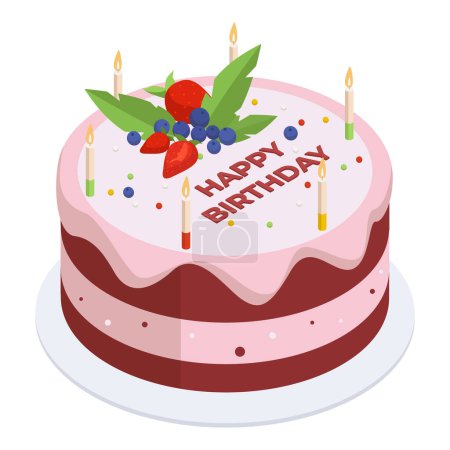 Téléchargez les illustrations : Isométrique gâteau d'anniversaire. Dessert pâtissier sucré aux bougies HB, savoureux gâteau au chocolat ou à la vanille illustration vectorielle plate - en licence libre de droit