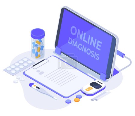 Illustration for Isometric online healthcare diagnosis. Virtual medical help, medical advice mobile app and online diagnosis 3d vector illustration - Royalty Free Image