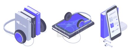 Illustration for Isometric audiobooks concept. Online mobile library books with headphones, reading and e-learning 3d flat vector illustration set - Royalty Free Image