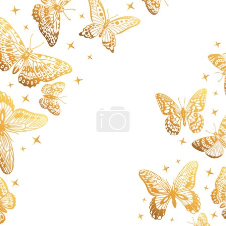 Ilustración de Cartoon golden butterflies cover. Gorgeous shiny butterfly background, golden butterfly flock, gorgeous exotic moths flat vector backdrop illustration - Imagen libre de derechos