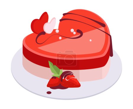 Téléchargez les illustrations : Isometric strawberry cake. Sweet berry dessert, heart shaped cake with strawberry frosting, tasty fruit cake decorated with berries 3d vector illustration - en licence libre de droit