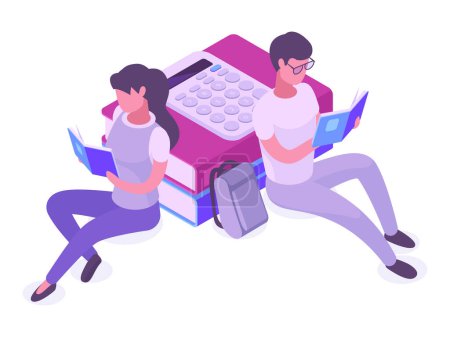 Illustration for Isometric students reading books. Exam preparation, man and woman reading, college students studying in library isolated 3d vector illustration - Royalty Free Image