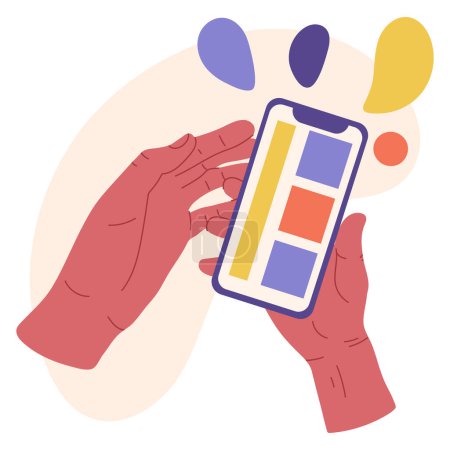 Ilustración de Smartphone en manos humanas. Gadget móvil digital de dibujos animados en las manos, persona que usa las redes sociales a través de la ilustración de vectores de dibujos animados planos de teléfonos inteligentes - Imagen libre de derechos