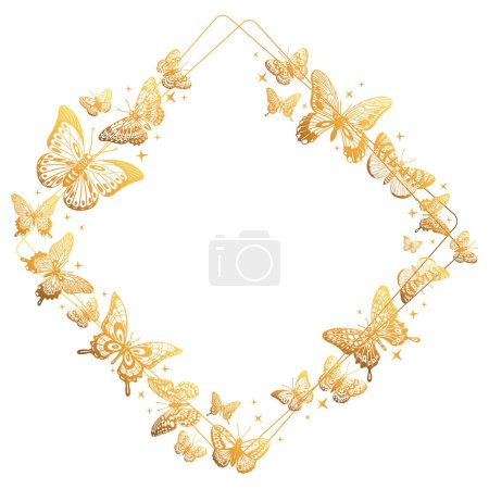 Téléchargez les illustrations : Cartoon golden butterfly frame. Flying butterfly silhouette square decor flat vector background illustration - en licence libre de droit
