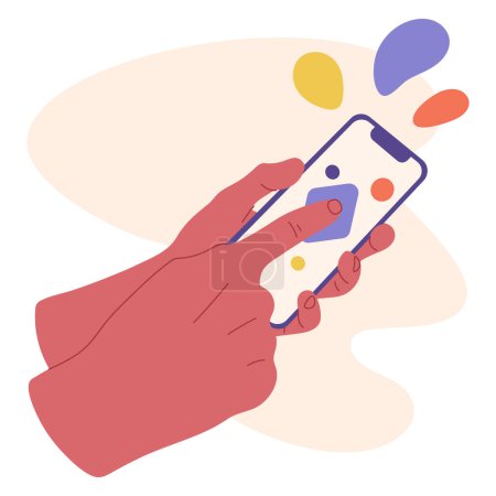 Illustration for Cartoon smartphone in hands. Mobile gadget in human hands, hands holding smart phone flat cartoon vector illustration - Royalty Free Image