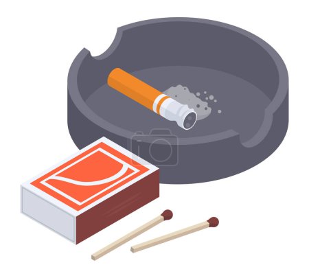 Illustration for Isometric ashtray. Extinguished cigarette with filter on ceramic ashtray, tobacco product and matches 3d vector illustration - Royalty Free Image