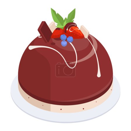Illustration for Isometric cake. Sweet vanilla pastry dessert with chocolate frosting, tasty chocolate cake decorated with berries 3d vector illustration - Royalty Free Image