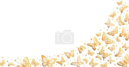 Téléchargez les illustrations : Dessin animé papillons dorés affiche. Magnifique motif papillon volant, brillant papillons exotiques vecteur plat illustration de fond - en licence libre de droit