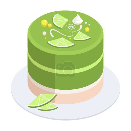 Téléchargez les illustrations : Gâteau au citron isométrique. Dessert pâtissier cuit au four avec glaçage citron ou citron vert, gâteau glacé agrumes, illustration vectorielle 3d gâteau citron vert - en licence libre de droit