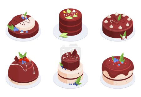 Téléchargez les illustrations : Isometric chocolate cakes. Pastry desserts with chocolate frosting, tasty cakes decorated with raspberry and strawberry 3d vector illustration set - en licence libre de droit