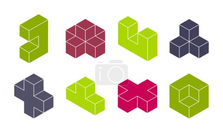 Téléchargez les illustrations : Des blocs 3D isométriques. Formes géométriques abstraites, éléments de jeu de puzzle, jeu de logique éléments de cube constructeur jeu d'illustration vectoriel - en licence libre de droit