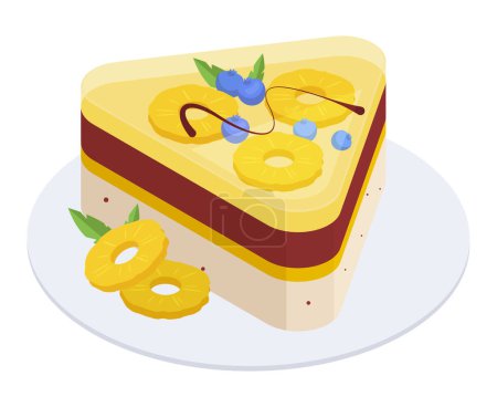 Téléchargez les illustrations : Gâteau à l'ananas isométrique. Dessert gâteau au fromage pâtissier sucré à l'ananas et aux baies, délicieux gâteau à la gelée aux ananas illustration vectorielle 3D - en licence libre de droit