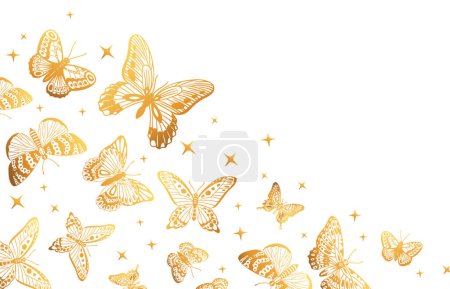 Téléchargez les illustrations : Papillons dorés en toile de fond. Caricature magnifique motif papillon, or papillon troupeau, magnifiques papillons exotiques vecteur plat illustration de fond - en licence libre de droit