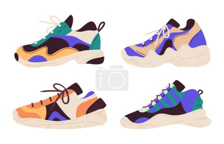 Illustration for Trendy sneakers. Fitness training shoes, modern sportswear, casual footwear flat vector illustration set - Royalty Free Image