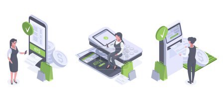 Illustration for Isometric online payment. Woman use cash terminal, mobile phone and ATM, mobile purchase, mobile banking 3d vector illustrations set - Royalty Free Image