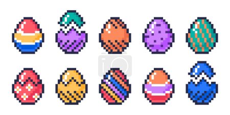 Illustration for Easter pixel 8 bit eggs. Pixel art arcade game eggs, painted chicken eggs, chicken egg hunt game flat vector illustration set - Royalty Free Image