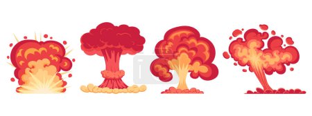 Illustration for Bomb explosions. Cartoon fire burning clouds, danger dynamite detonation, fire blast flat vector illustrations set - Royalty Free Image