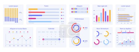 Illustration for Diagram charts dashboard. Financial analysis, website ui interface, modern diagram templates vector illustration set. Dashboard infographic elements - Royalty Free Image