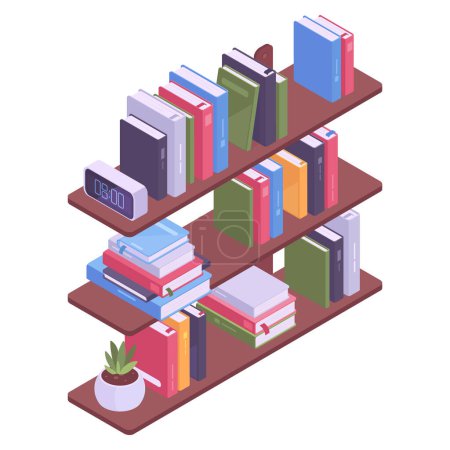 Illustration for Isometric bookshelf. Library room or office bookshelves, book stack on school bookcase 3d vector illustration - Royalty Free Image