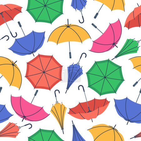 Téléchargez les illustrations : Parapluie dessin animé motif sans couture. Parapluies ouverts, fermés et pliés, parasols saisonniers pluvieux colorés illustration de fond vectoriel plat. Parapluie design sans fin - en licence libre de droit