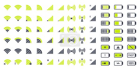 Mobile phone indicators. Smartphone wifi and battery icons, 5G and wifi signal strength, battery charge levels flat vector illustration set. Network wireless symbols