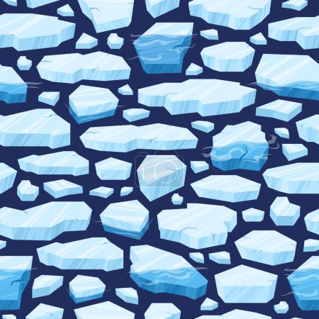 Téléchargez les illustrations : Caricature flottant de glace motif sans couture. Bloc de glace arctique congelé, morceaux d'icebergs et glaciers. Cristaux de glace bleus flottant dans l'eau illustration de fond vectoriel - en licence libre de droit