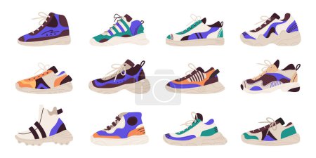 Illustration for Flat trendy sneakers. Moden fitness training shoes, stylish sportswear. Casual male and female footwear flat vector illustration set - Royalty Free Image