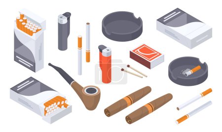 Ilustración de Accesorios isométricos para fumar. humo de nicotina, cigarrillos de tabaco, pipa, cigarro, caja de cerillas y la colección de ilustración vectorial 3d más ligero - Imagen libre de derechos