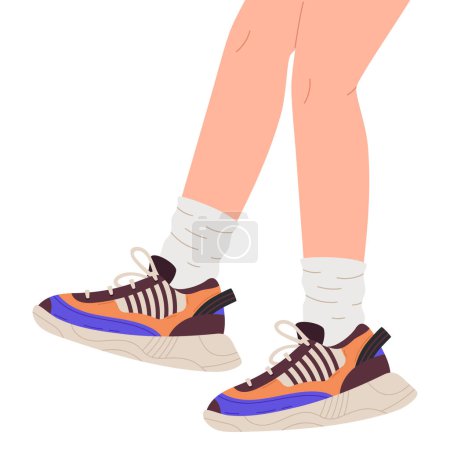 Illustration for Flat legs wearing sneakers. Female legs shod fitness training shoes, stylish sportswear. Casual female footwear flat vector illustration - Royalty Free Image