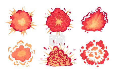 Illustration for Cartoon dynamite bomb explosions. Danger bomb detonation fire burning clouds. Fire and comic smoke clouds vector illustrations set - Royalty Free Image
