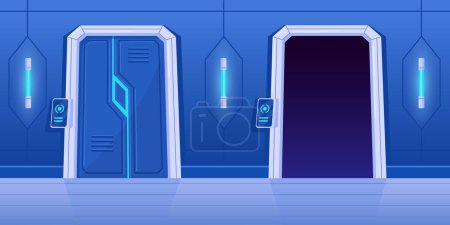 Cartoon vector spaceship gateway. Futuristic closed and open gates, space ship doors to control room flat vector illustration