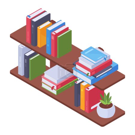 Illustration for Isometric bookshelves vector concept. Library room or home interior bookshelves, book stack on school bookcase 3d vector illustration - Royalty Free Image