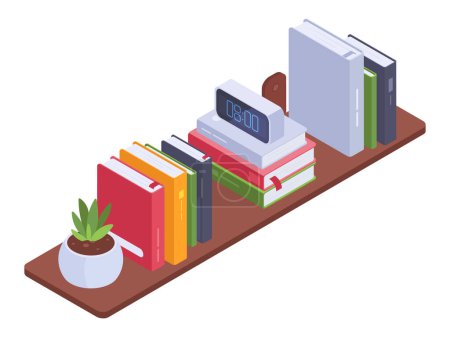 Illustration for Isometric bookshelf vector background. Home interior bookshelves or library room, book stack on wooden bookcase 3d vector illustration - Royalty Free Image