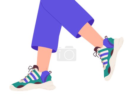 Illustration for Walking legs in sneakers vector illustration. Flat female legs wearing fitness training shoes, casual female footwear. Stylish sneakers flat vector background - Royalty Free Image
