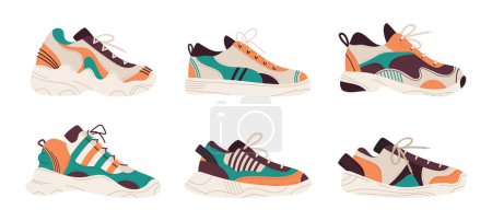 Illustration for Modern sneakers vector set. Flat trendy fitness shoes, stylish sportswear, casual male and female footwear cartoon vector illustration collection - Royalty Free Image